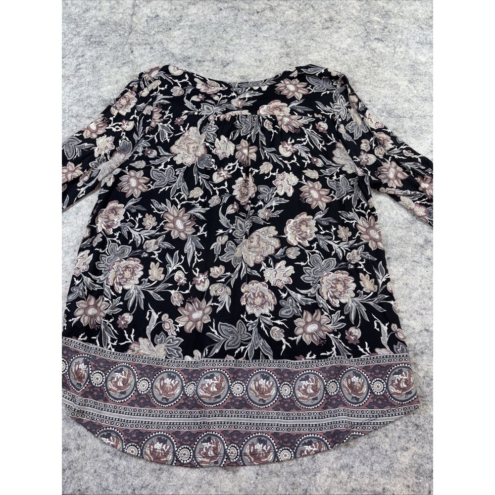 Lucky Brand Blouse Women's 1X Dark Floral V-Neck Boho Cottagecore Artsy - Picture 10 of 11
